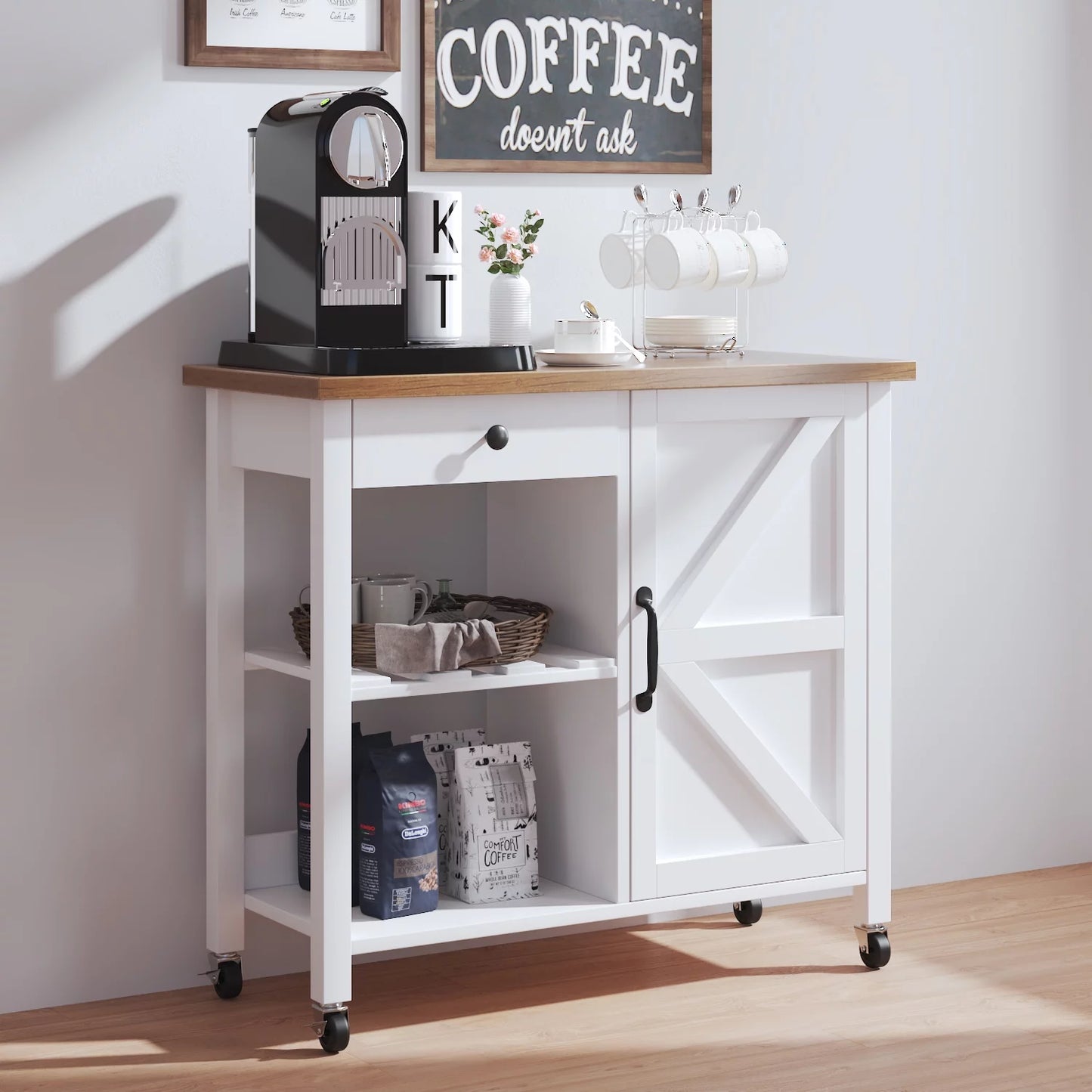 Farmhouse Kitchen Island Cart on Wheels, Rolling Kitchen Cart with Storage, Microwave Stand Coffee Cart, White